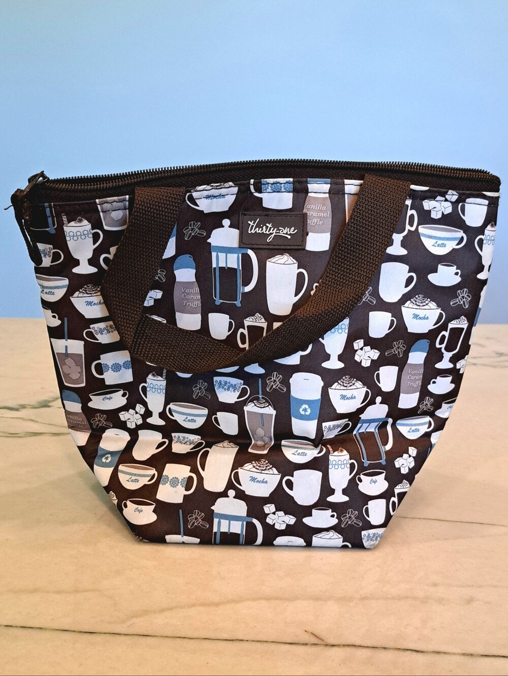 Thirty-One Brown Coffee & Tea Zipper Insulated Lunch Box Bag, Handles & Pocket